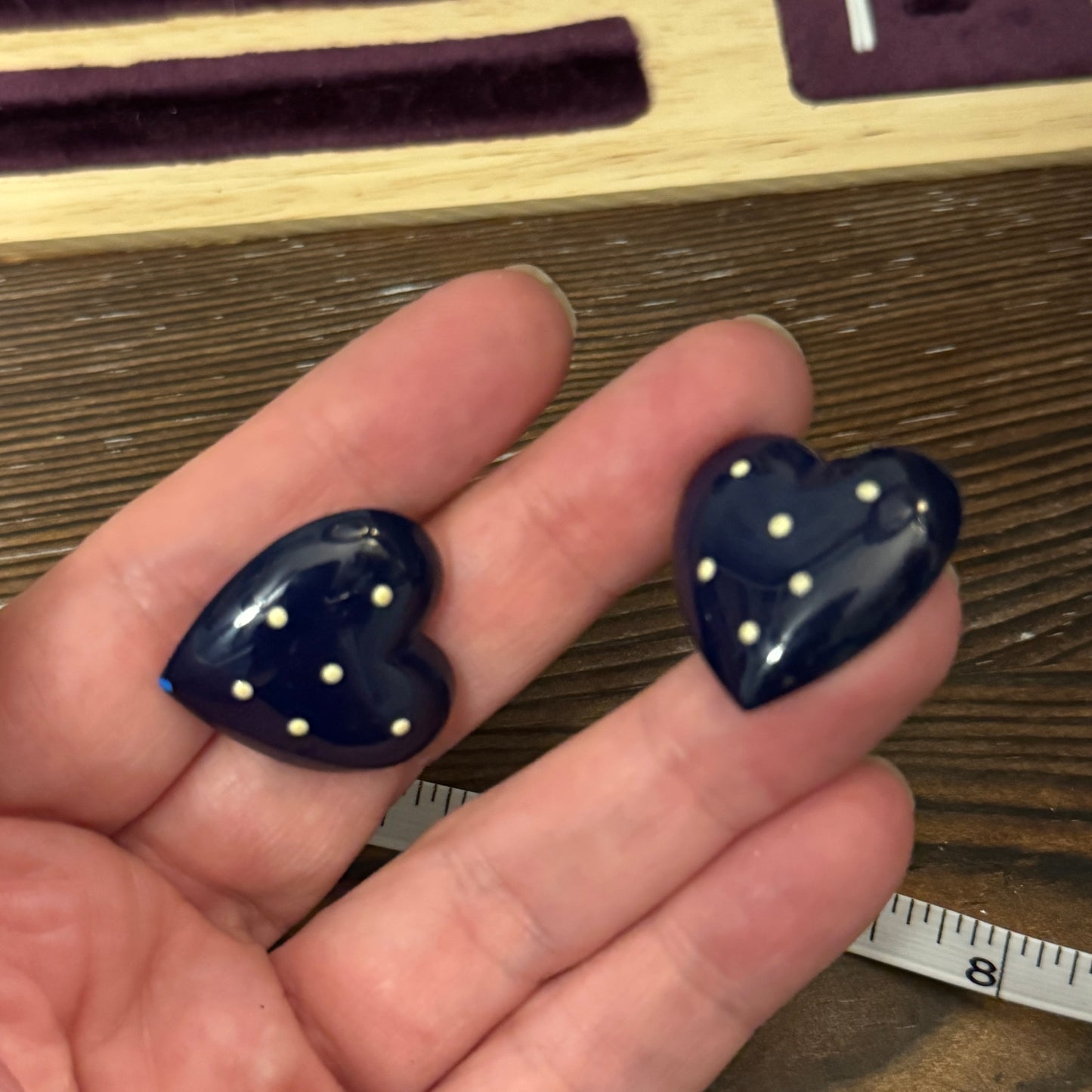 Vintage Navy Blue Enamel Heart Earrings Post Back Pearl Dots Preppy