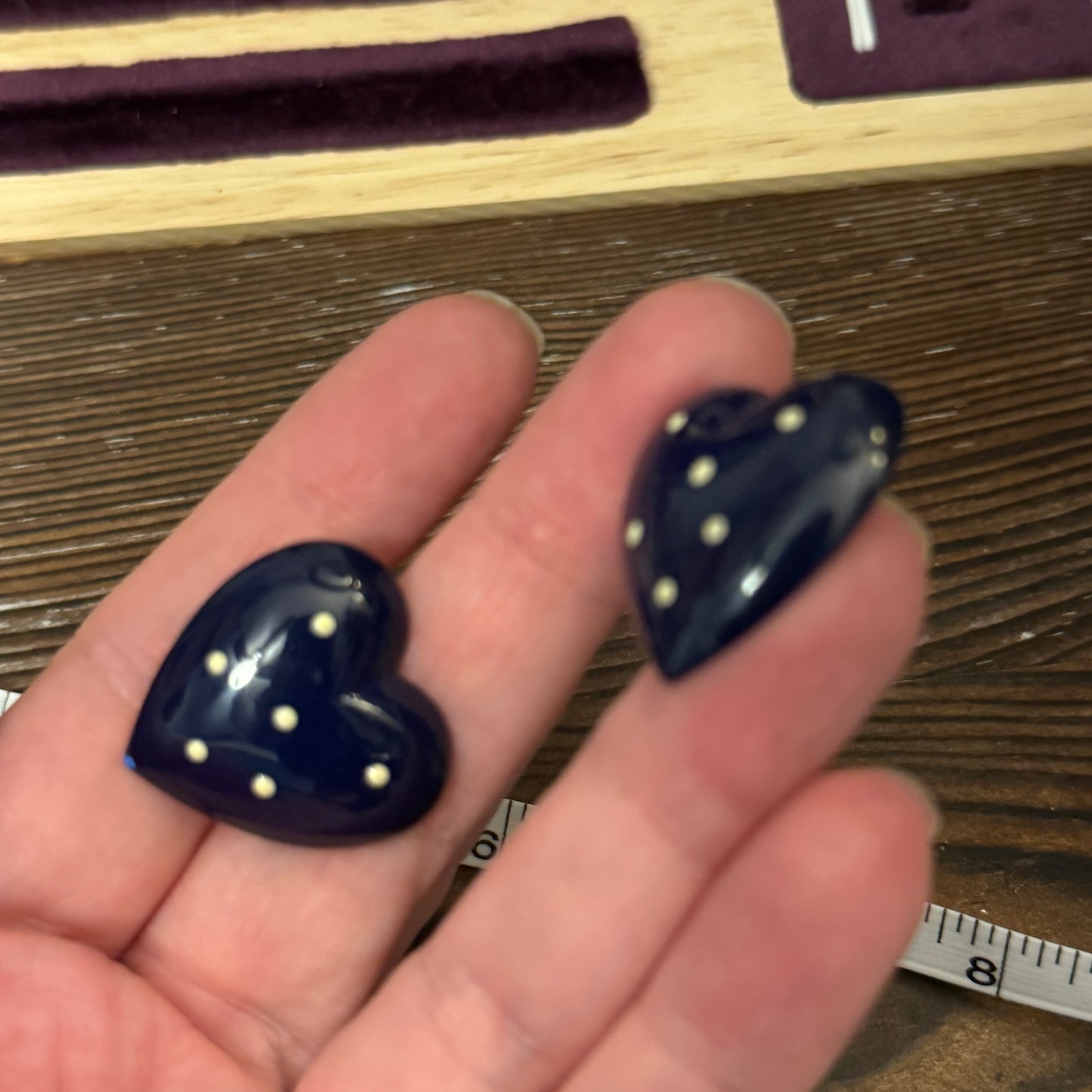 Vintage Navy Blue Enamel Heart Earrings Post Back Pearl Dots Preppy