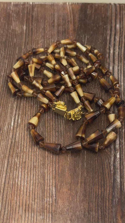 Vintage Brown Glass/Shell Bead Necklace Long Graduated Boho