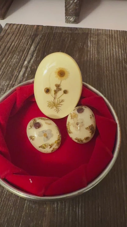 Vintage 1960s Dried Flower Resin Brooch & Earrings Set | Real Pressed Flower Jewelry | Mid-Century Nature Keepsake