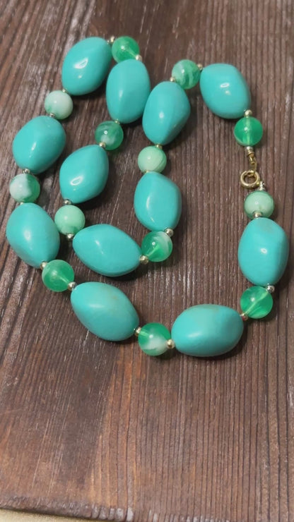 Vintage Turquoise Beaded Necklace & Heart Brooch by ART