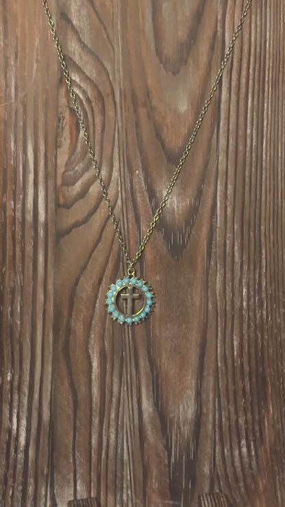 Cross Pendent Necklace- With Circle of Turquoise Colored Beads w/ Chain