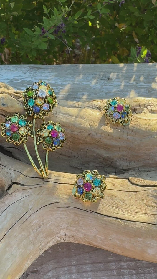 Vintage Hollycraft Brooch & Earrings Set | 1960s Multicolor Rhinestone Demi-Parure | Collectible Designer Jewelry