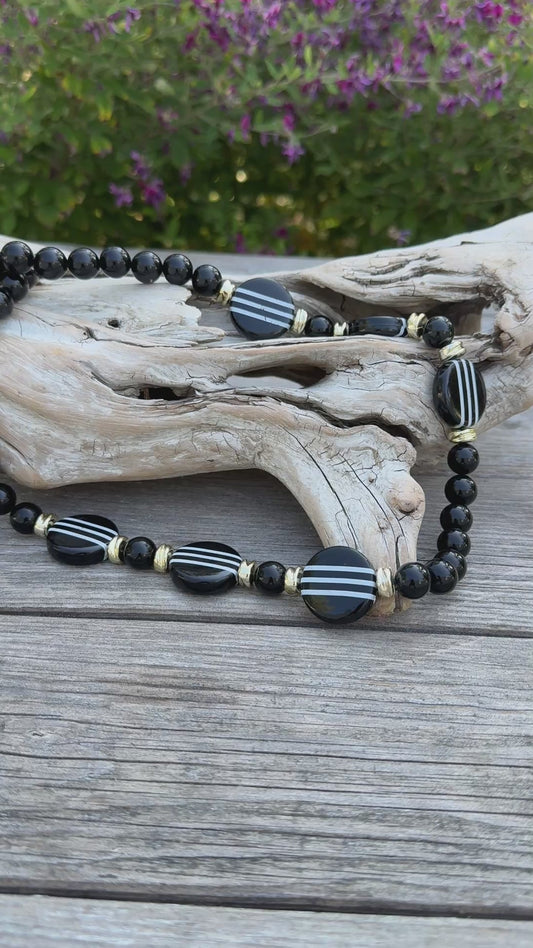 Vintage Beaded Necklace- geometric black and white