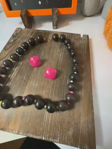 Vintage Wood and Plastic Beaded Necklace w/ Bergere Hot Pink Earrings