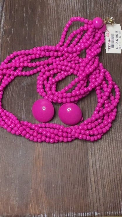 Hot Pink Multi-Strand Plastic Bead Necklace with Matching Clip Earrings