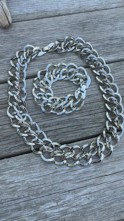 Vintage Chunky Silver Link Necklace and Bracelet Set