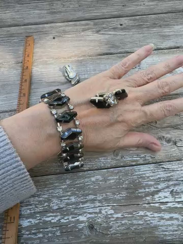 Vintage Black & Clear Rhinestone Bracelet - Dramatic Deco Style