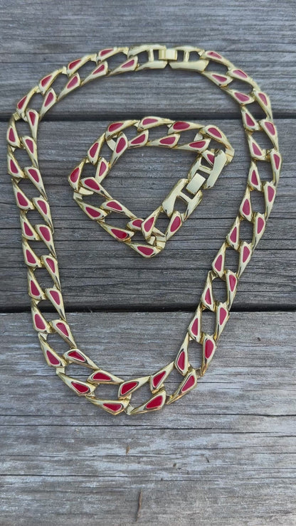 Vintage Red Enamel Gold Tone Chain Link Necklace - Designer Style Statement Jewelry