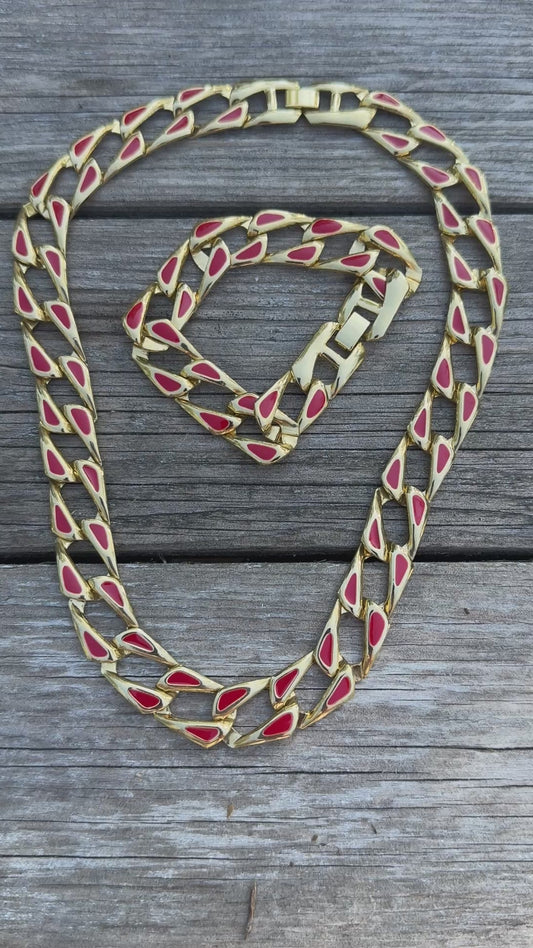 Vintage Red Enamel Gold Tone Chain Link Necklace - Designer Style Statement Jewelry