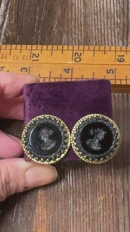 Vintage 1950s Whiting and Davis Black Cameo Clip-On Earrings