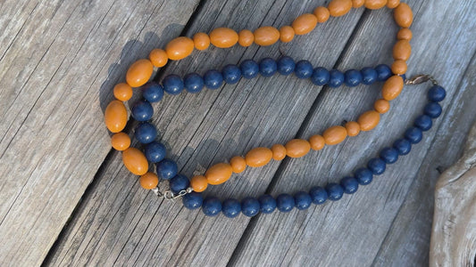 Vibrant Vintage Beaded Necklace in Navy and Golden Amber