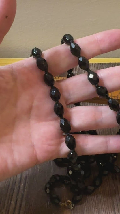 Vintage Hand Knotted Black Faceted Glass Bead Necklace