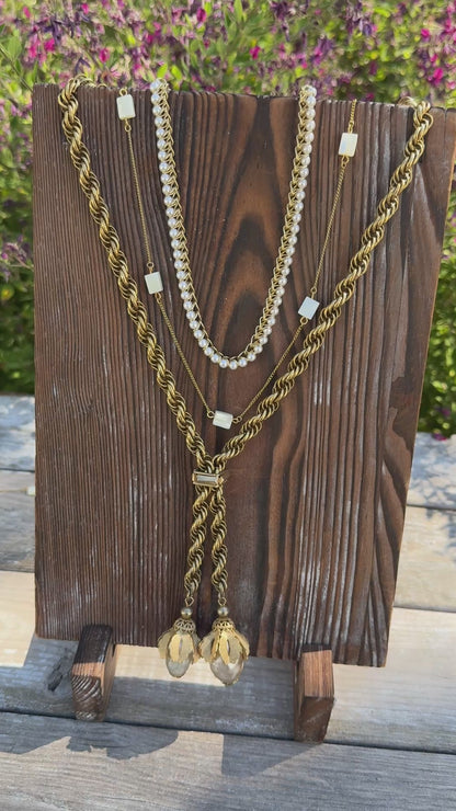 Elegant Vintage Gold and Pearl Layered Necklace Set