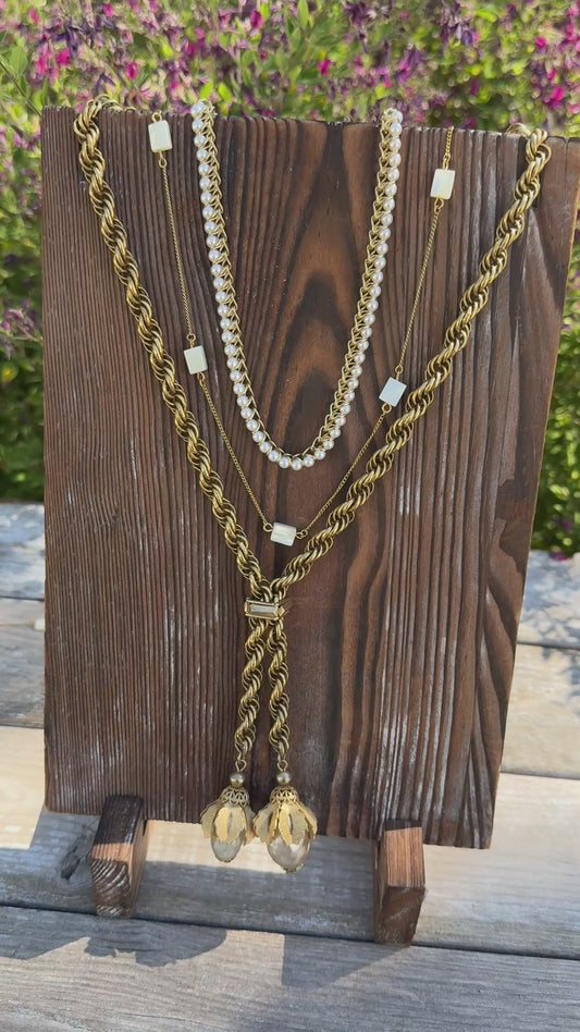 Elegant Vintage Gold and Pearl Layered Necklace Set