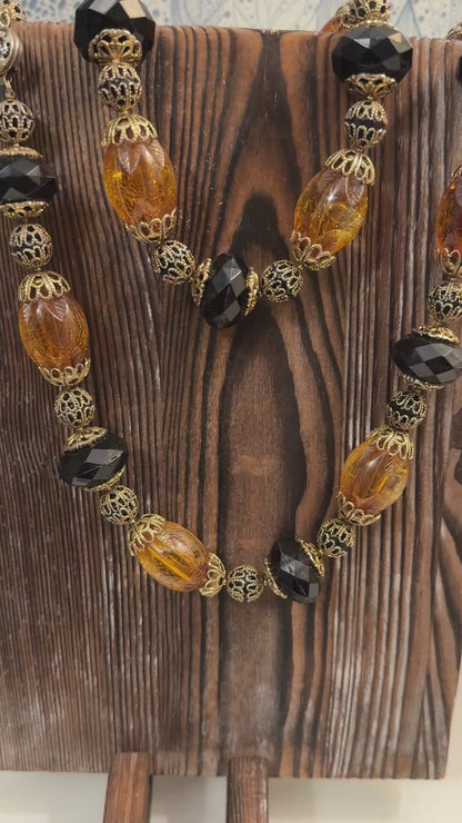 Vintage 60s 70s Amber Black Lucite Beaded Necklace Gold Filigree