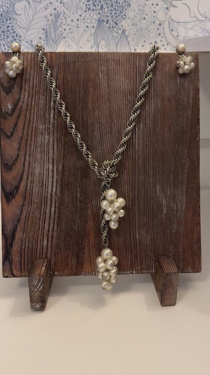 Vintage Faux Pearl Cluster Lariat Rope Chain Necklace Clip Earrings Married Set 1960s