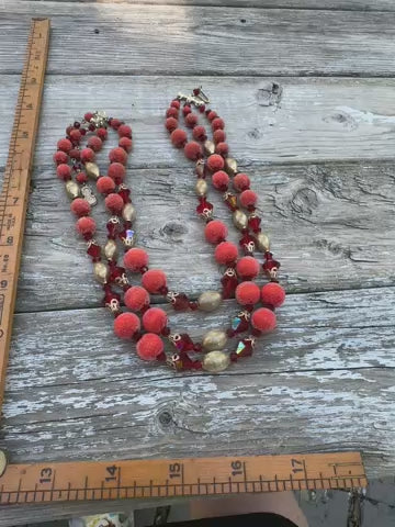Vintage Red Crystal & Gold Bead Necklace - Textured Glamour