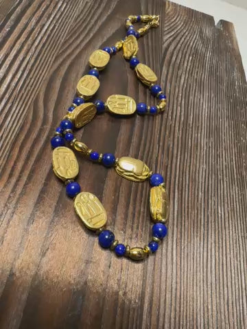 Vintage Egyptian Revival Scarab Necklace - Blue Statement Piece