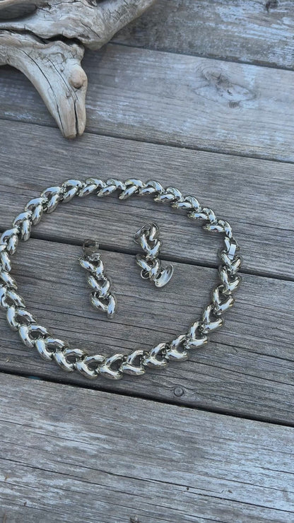 Vintage silver toned necklace, matching earrings
