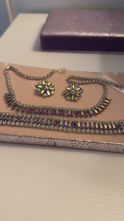 Vintage B David Rhinestone Necklace Bracelet Earrings Set - 1950s Ruby Red AB Crystal Parure