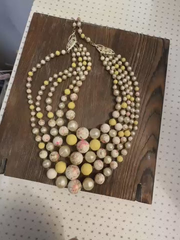 Vintage Multi Strand Pearl Bead Necklace Cream Yellow Pink 5 Strand