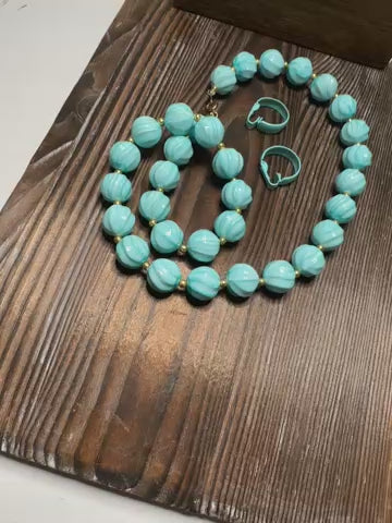 Vintage Turquoise Blue Beaded Necklace & Earring Set - Bohemian Ocean Vibes