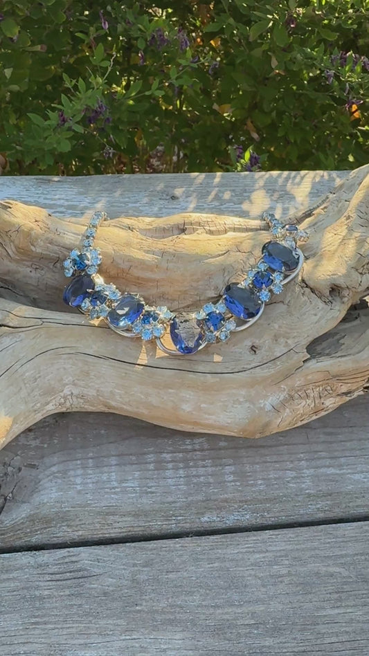 Vintage Juliana (DeLizza & Elster) Blue Rhinestone Necklace | Book Piece | 1960s Designer Costume Jewelry