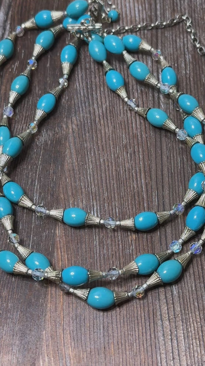 Unsigned Turquoise Plastic Bead Triple-Strand Necklace