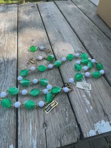 Vintage Signed Lucite Green & White Beaded Necklace - Designer Statement Piece