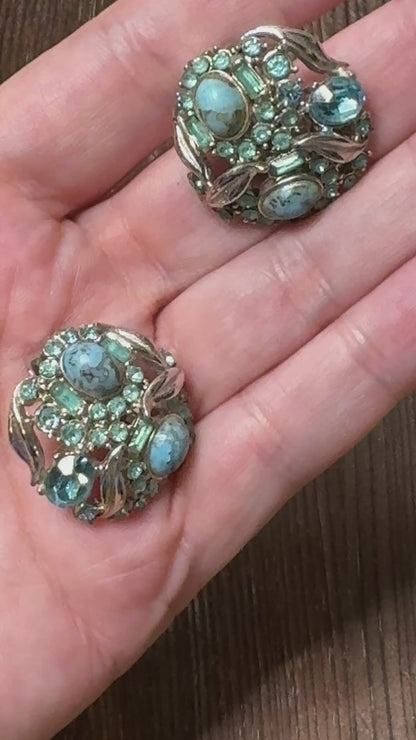 Vintage 1950 Hollycraft Blue Rhinestone & Art Glass Clip Earrings
