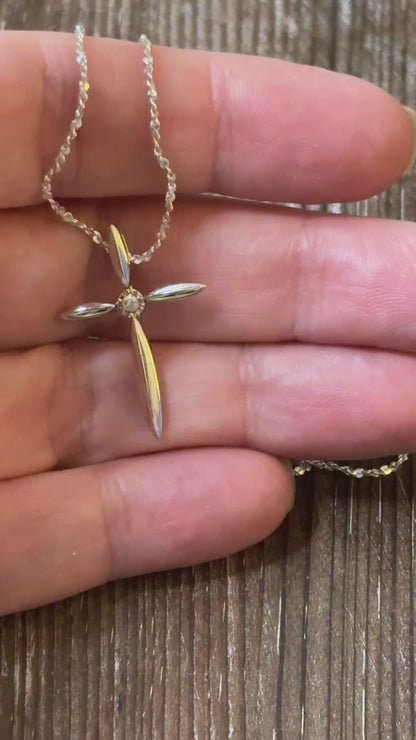 Sterling Silver Cross Necklace with Faceted Center Stone