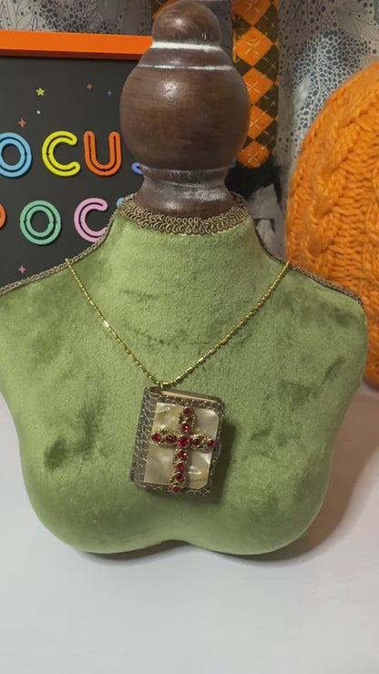 Vintage 60s Ten Commandments Book Locket Necklace Mother Pearl Cross