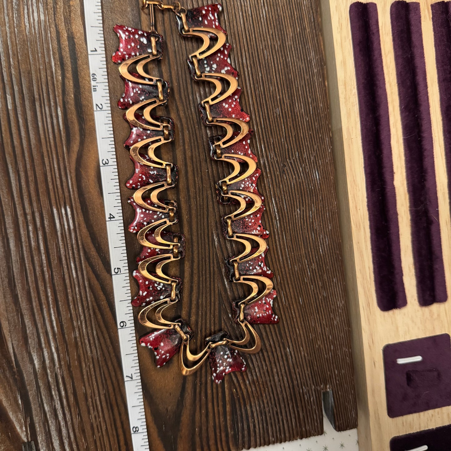 Vintage Copper Enamel Wave Necklace Burgundy Red Modernist Artisan