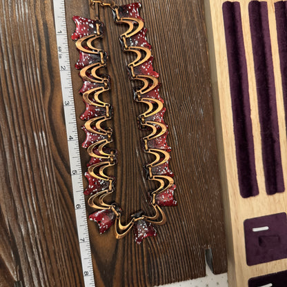 Vintage Copper Enamel Wave Necklace Burgundy Red Modernist Artisan
