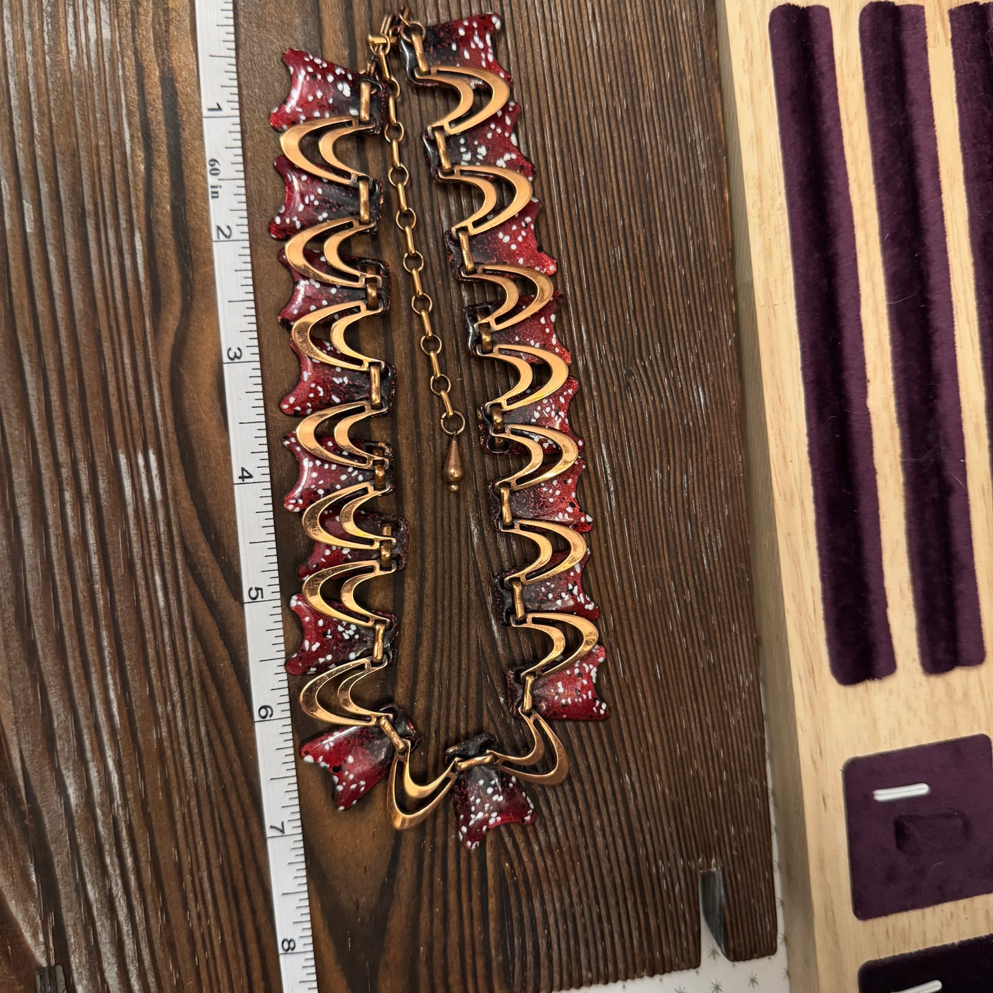 Vintage Copper Enamel Wave Necklace Burgundy Red Modernist Artisan