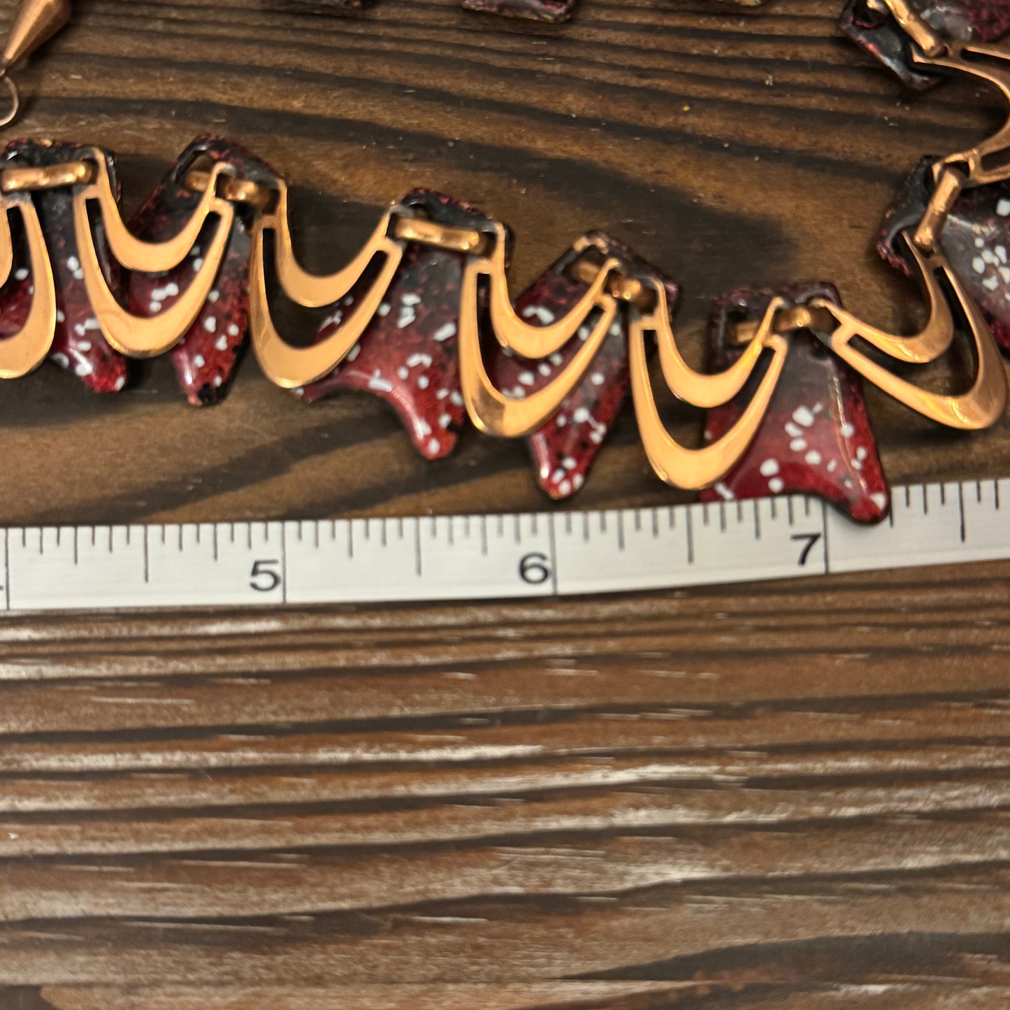 Vintage Copper Enamel Wave Necklace Burgundy Red Modernist Artisan