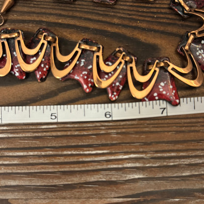 Vintage Copper Enamel Wave Necklace Burgundy Red Modernist Artisan