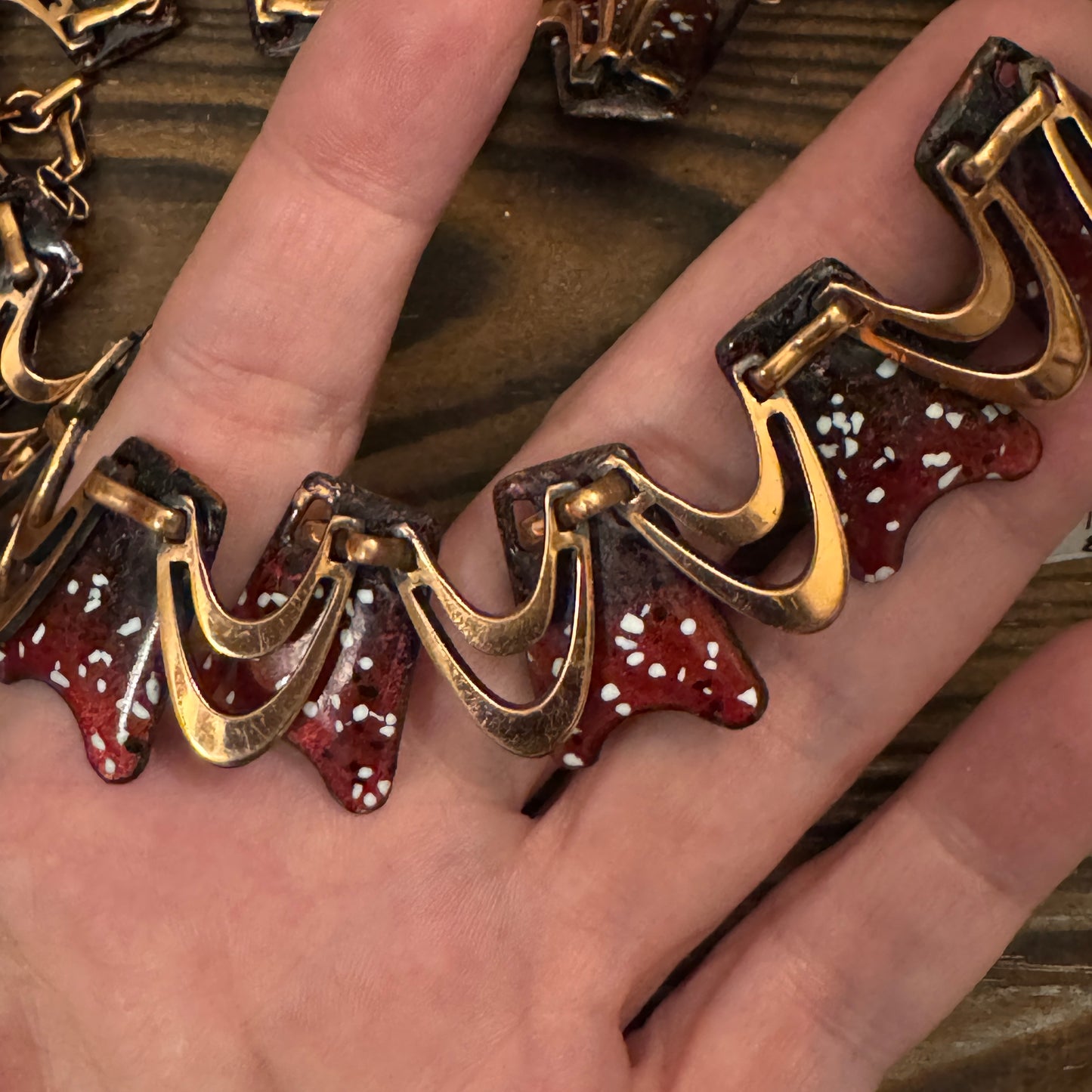 Vintage Copper Enamel Wave Necklace Burgundy Red Modernist Artisan