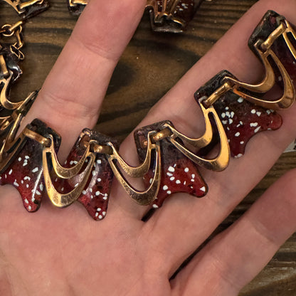 Vintage Copper Enamel Wave Necklace Burgundy Red Modernist Artisan
