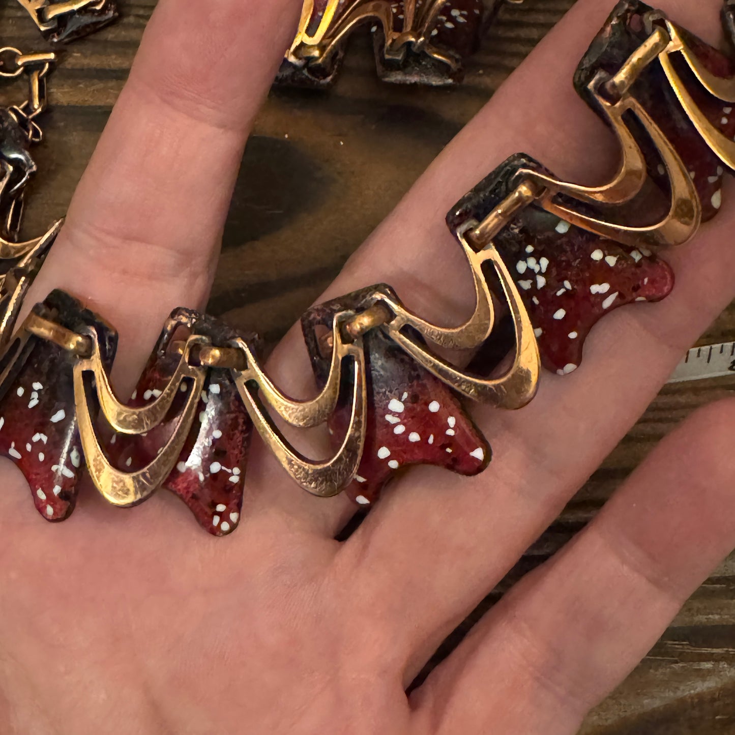 Vintage Copper Enamel Wave Necklace Burgundy Red Modernist Artisan