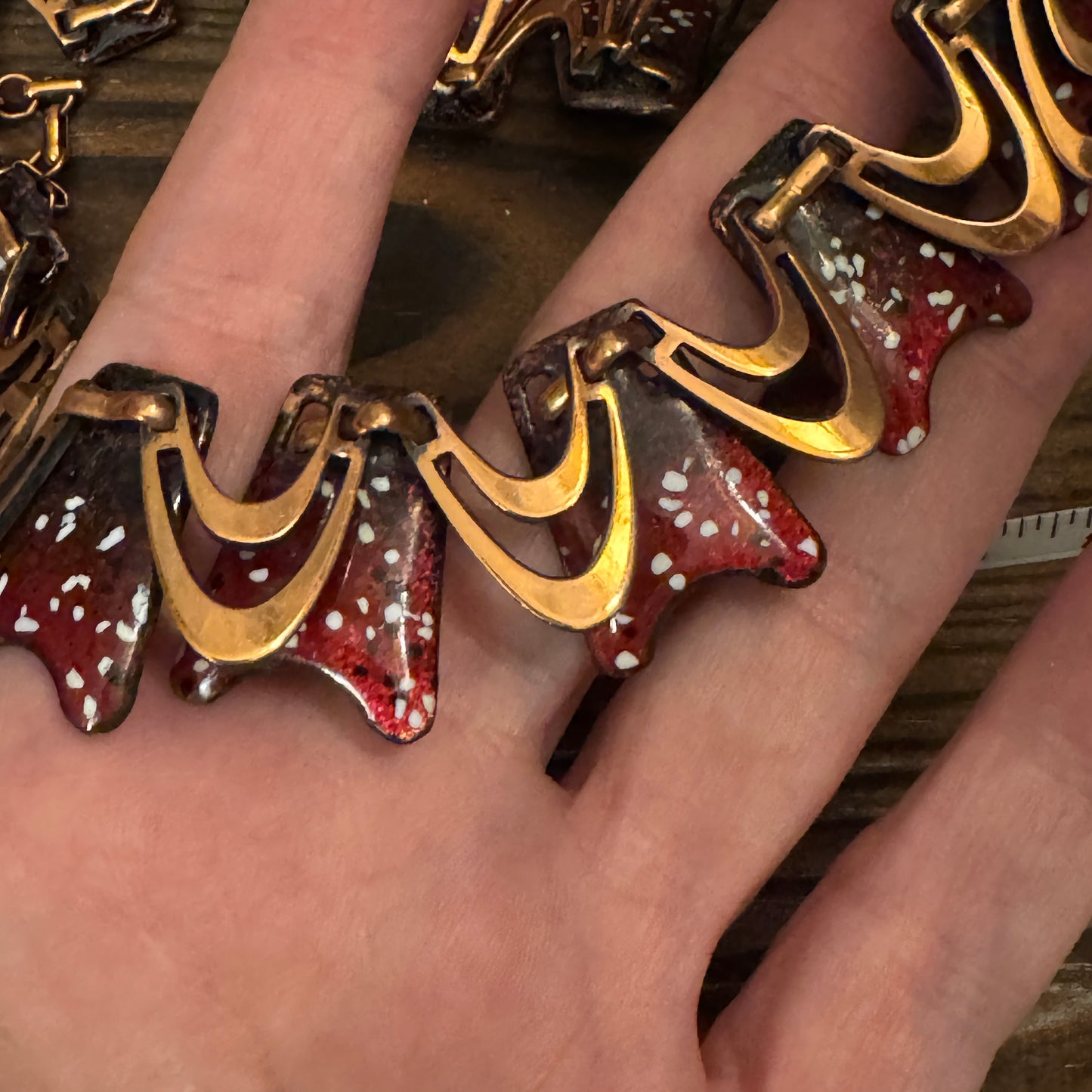 Vintage Copper Enamel Wave Necklace Burgundy Red Modernist Artisan