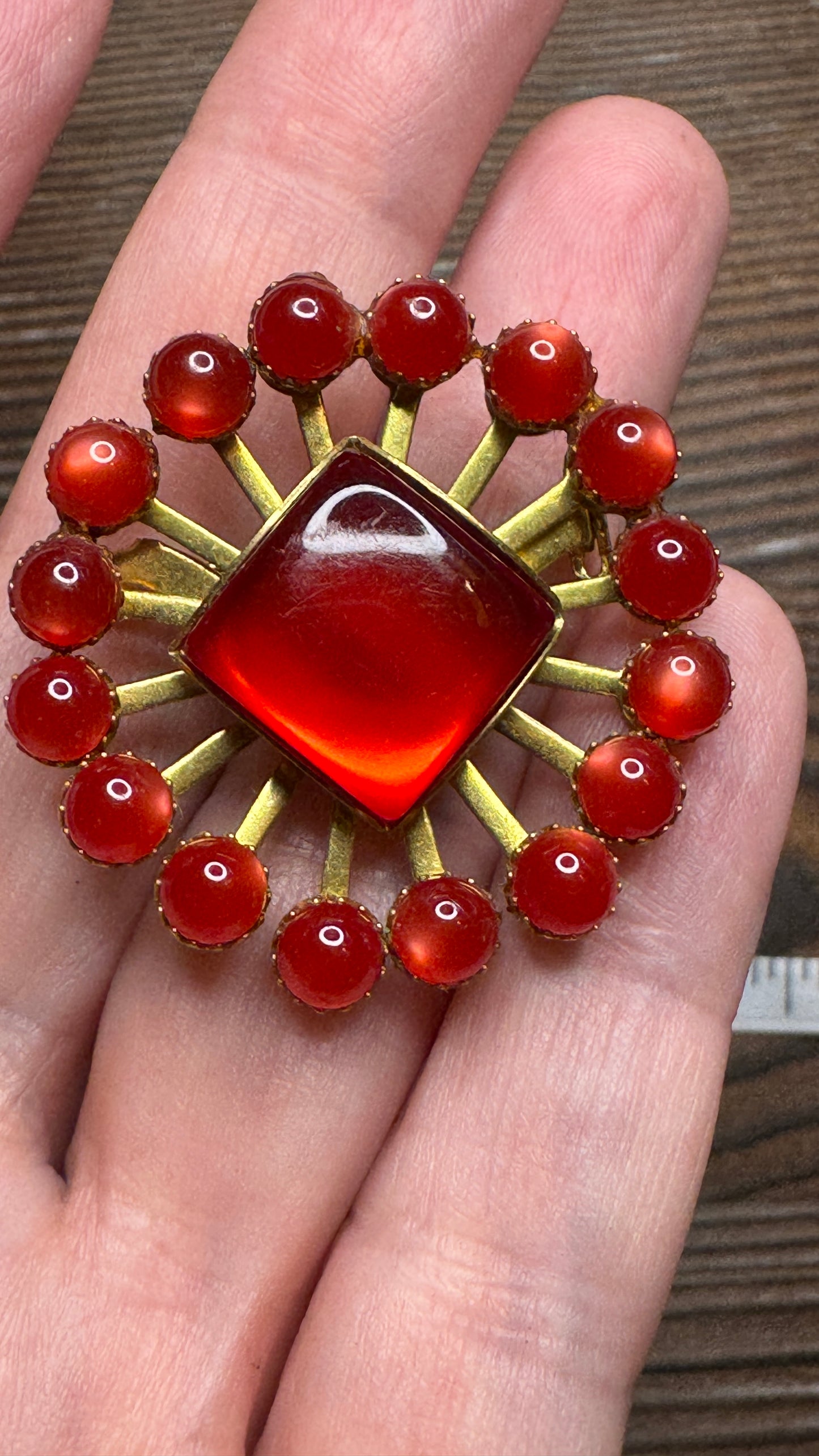 Vintage Red Lucite Starburst Brooch Pin Square Center Atomic Age