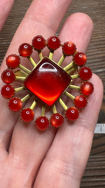 Vintage Red Lucite Starburst Brooch Pin Square Center Atomic Age