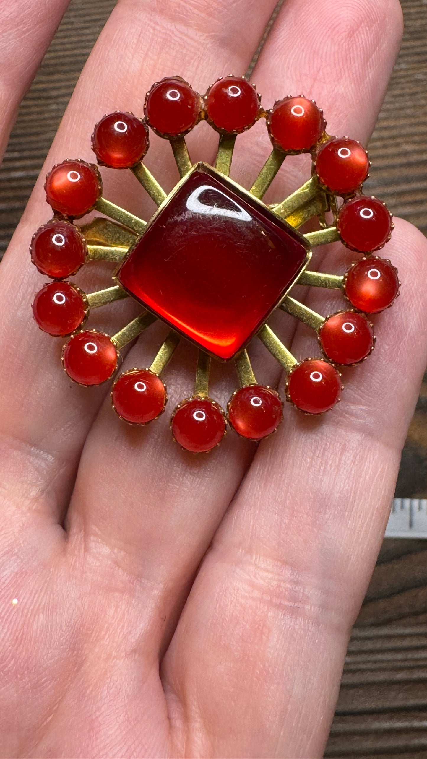 Vintage Red Lucite Starburst Brooch Pin Square Center Atomic Age