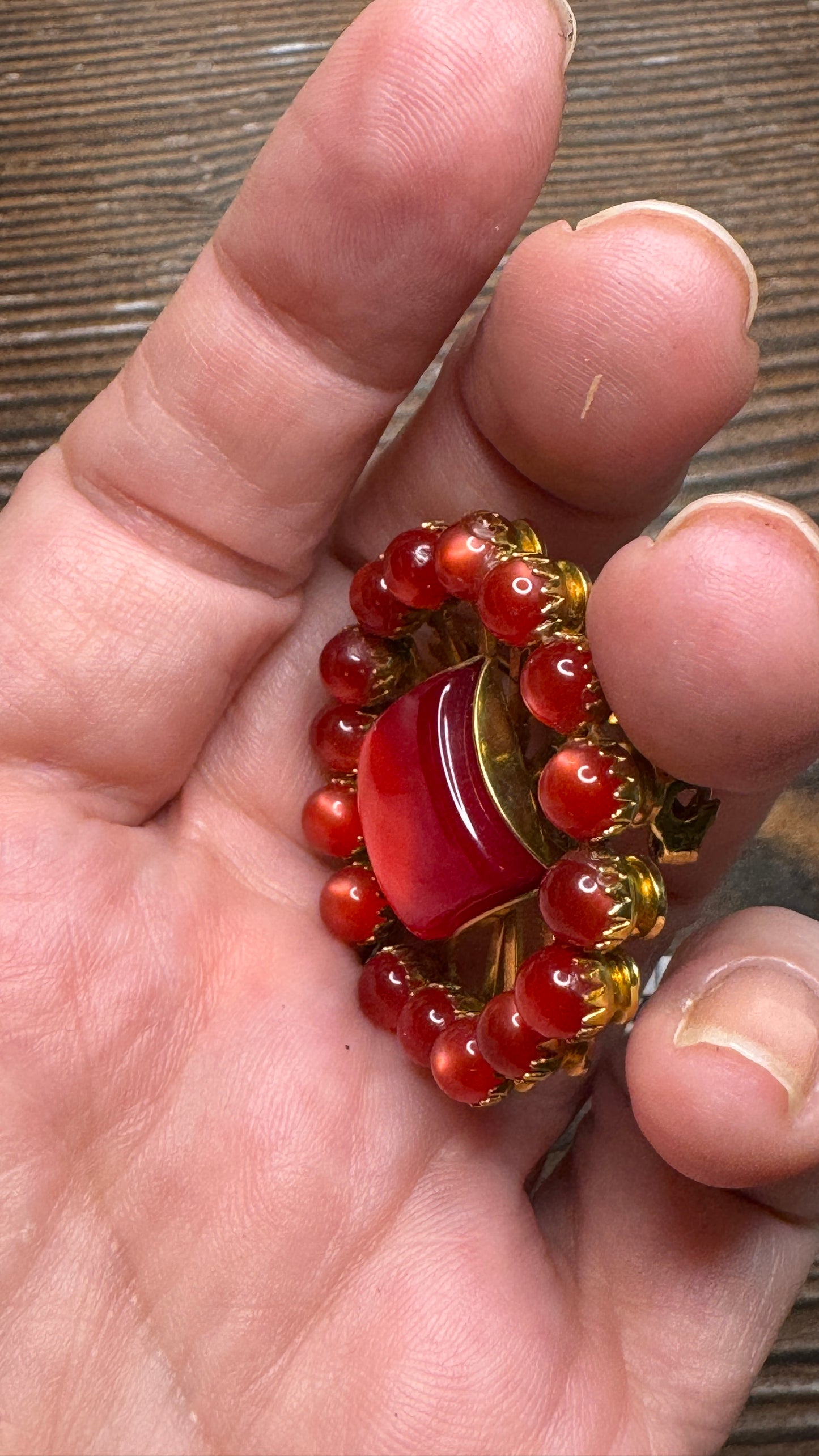 Vintage Red Lucite Starburst Brooch Pin Square Center Atomic Age