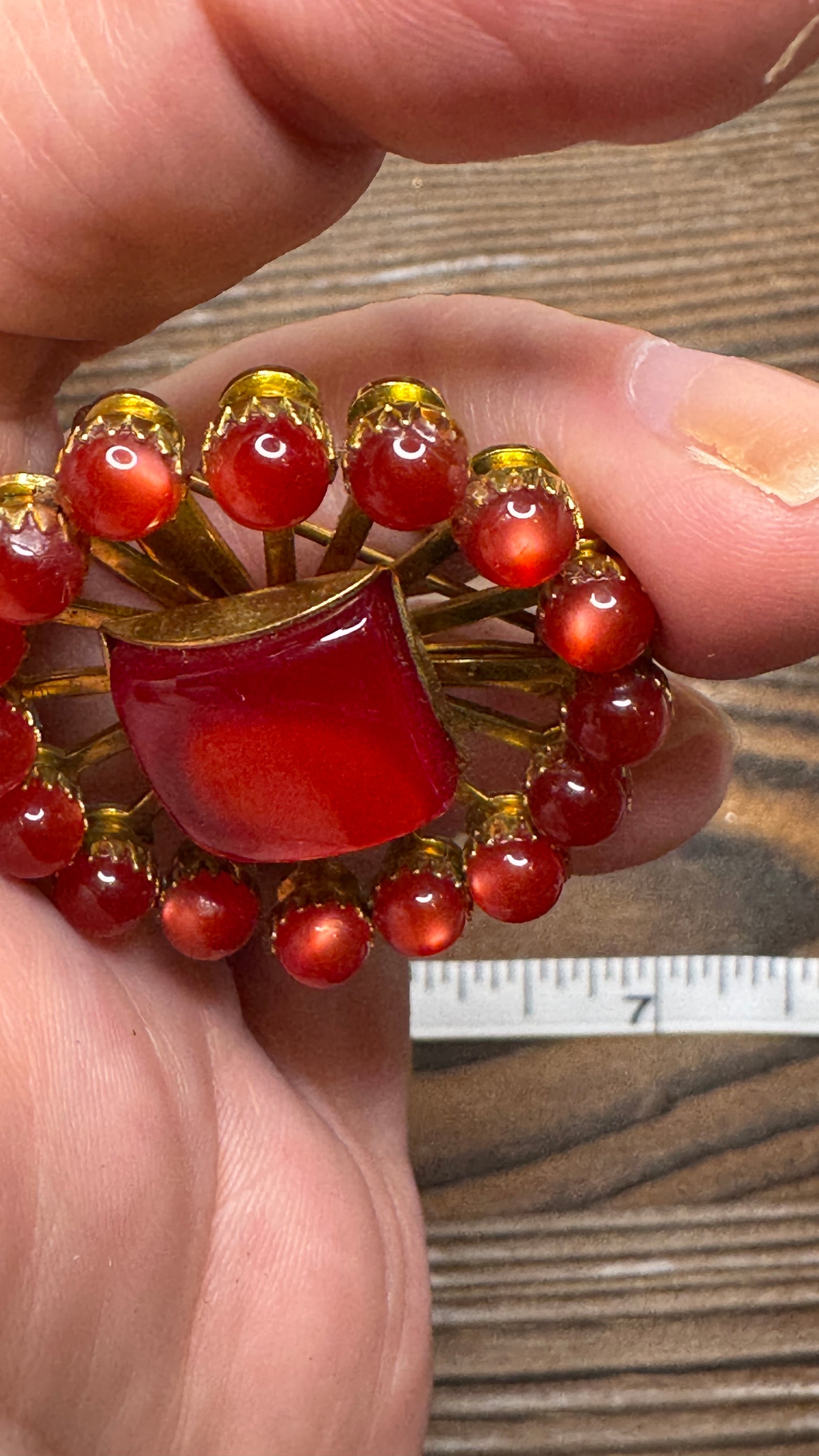 Vintage Red Lucite Starburst Brooch Pin Square Center Atomic Age