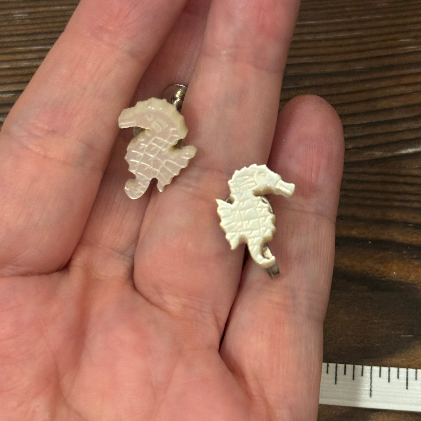 Vintage Carved Mother Pearl Seahorse Earrings Screw Back Nautical