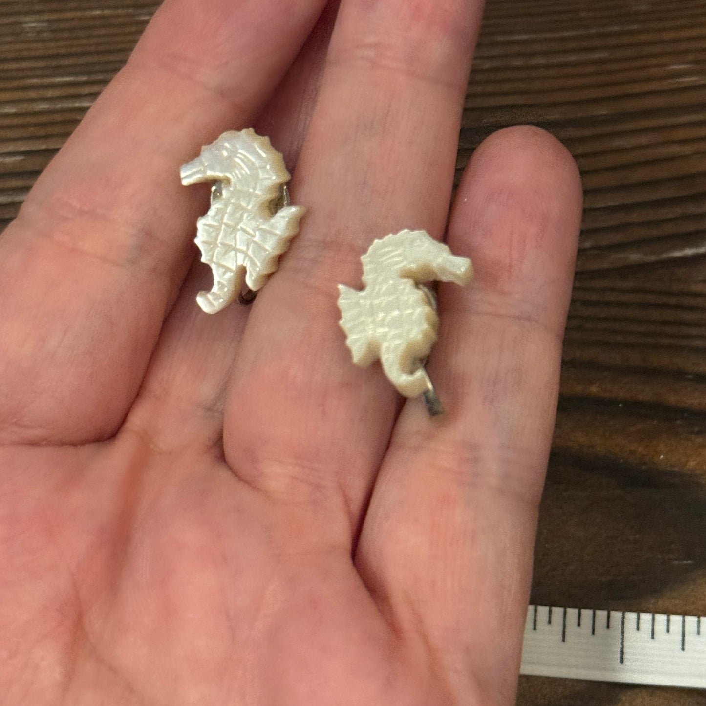 Vintage Carved Mother Pearl Seahorse Earrings Screw Back Nautical