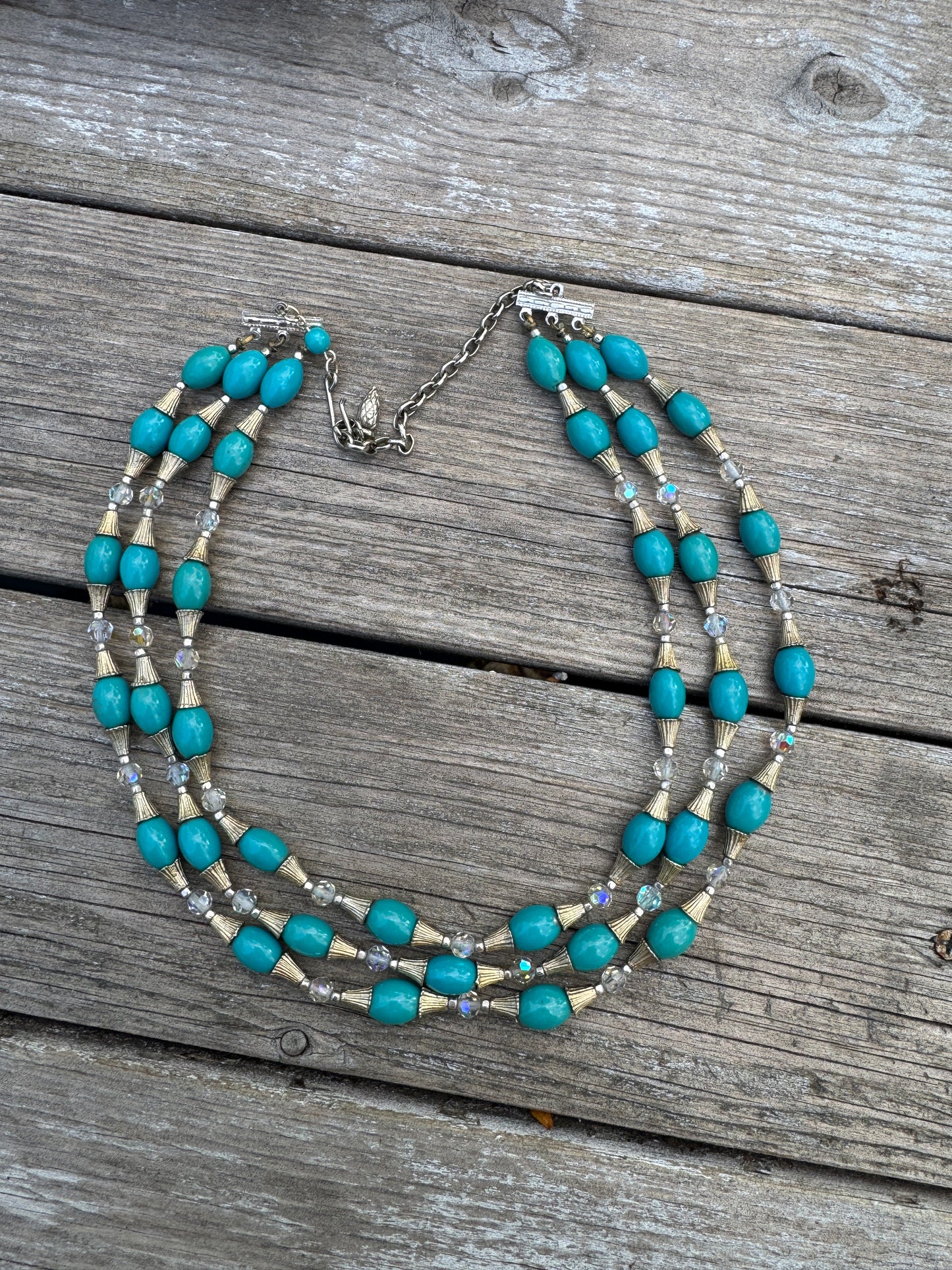 Unsigned Turquoise Plastic Bead Triple-Strand Necklace